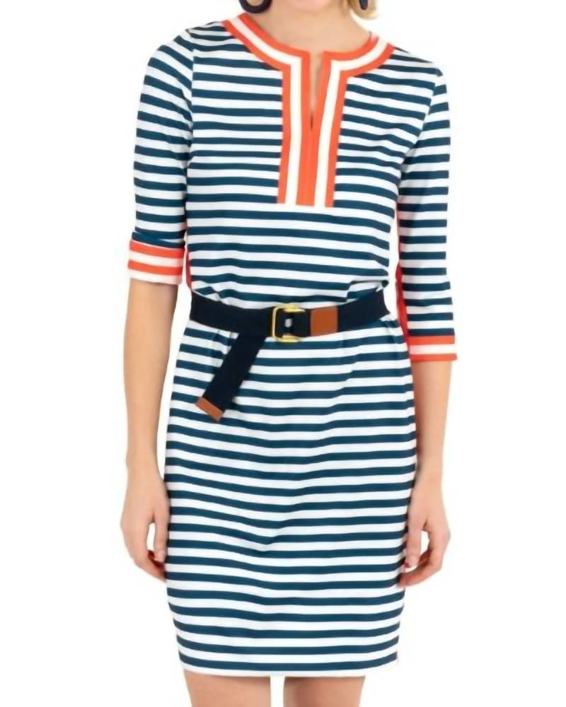 Front of a model wearing a size XL Split Neck Dress - The Hinckley In Navy in Navy by GRETCHEN SCOTT. | dia_product_style_image_id:342775